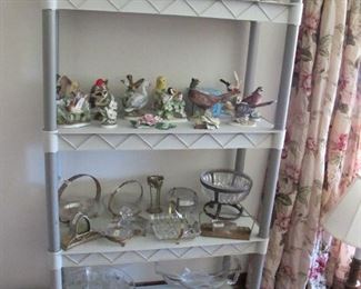 Collection of Lefton birds and figurines.  Collectible glass trimmed with brass filigree.
