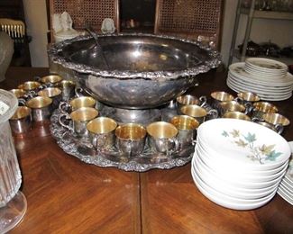 Silver plate punch bowl, cups & ladle.