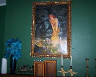 FRAMED PRINT, CANDLE STICKS & MISC.