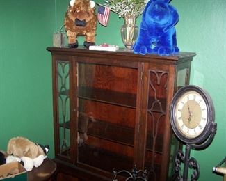 CHINA CABINET, STANDING CLOCK & MISC.