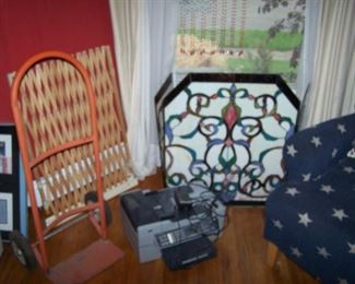 LEADED GLASS FIRE SCREEN, PRINTER & MORE
