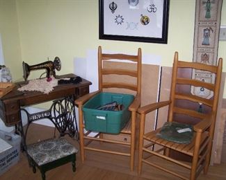 PAIR OF LADDERBACK CHAIRS, OLD SEWING MACHINE & MISC.