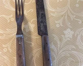 Primitive Antique 3 Tine Fork and Knife Set