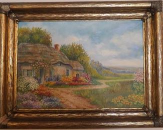 Unsigned oil on canvas of a thatched roof cottage.