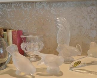 Lalique birds, rooster, and vase.