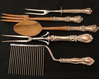 Assorted patterns cake breaker, salad serving set, two carving set forks (no knives)