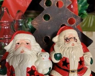 Santa figurines, metal tree, glass Christmas trees