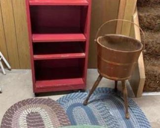 Red Rolling Shelf Unit, Oval Braided Rugs, Barrel Plant Stand