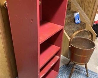 Rolling storage shelf red, oval braided rungs, 3 legged barrel plant stand