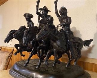 Coming Through the Rye  sculpture  by Frederic Remington.  This is a well known Remington design .   This is a large reproduction of a well documented and accounted for Remington bronze.   Remington's bronzes are some of the most copied examples of artwork.   ...To Register and To Bid go to https://capitolsalesservices.hibid.com... 