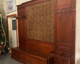 Monumental antique oak hall stand hall  tree, bench, storage wall unit, circa 1900.  This is an amazing piece with original finish and tapestry.    (Photos by BC) ...To Register and To Bid go to https://capitolsalesservices.hibid.com... 