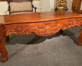 Beautiful solid mahogany Lord Raffles grand hall writing table named after Lord Stamford Raffles, who founded the British colony of Singapore.  It was purchased over 20 years ago from collector in San Francisco, CA.   (Photos by BC) ...To Register and To Bid go to https://capitolsalesservices.hibid.com... 