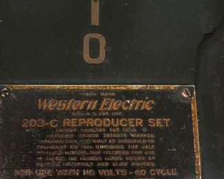 Western Electric 203-C Reproducer Set which was used at movie theaters during the silent movie era to provide sounds for the audience if the theater did not have a live orchestra.  ...To Register and To Bid go to https://capitolsalesservices.hibid.com... 