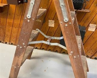Vintage Bell System double sided wooden ladder...To Register and To Bid go to https://capitolsalesservices.hibid.com...
