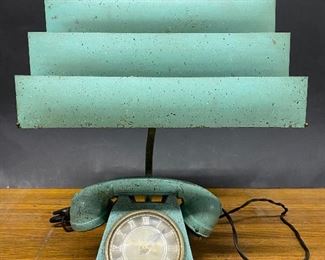 Mid Century Telephone styled clock and lighter and lamp combination by the Trea Boye Corporation of Brooklyn, NY. Original metal Venetian shade. ...To Register and To Bid go to https://capitolsalesservices.hibid.com...