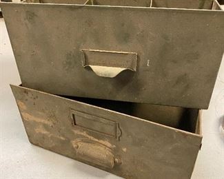 More early to mid 20th century industrial metal drawer bins 