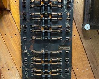 Circa 1900 open style knife switchboard with faux marbleized solid slate insulator back panel by Western Electric   (Photos by BC of Capitol Sales Services ) ...To Register and To Bid go to https://capitolsalesservices.hibid.com... 