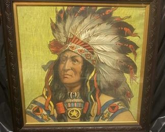 Framed painting of a Native American Indian Chief with was originally hand painted on the canvas of a carnival tent, circa 1900.
