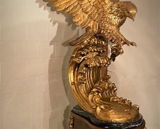 Monumental antique gilt Eagle statue. Possibly French in origin. It was purchased in San Francisco over 20 years ago from a collector who stated it had one time been owned by a Shipping Company. Gilt over metal. (Photos by BC of Capitol Sales Services ) ...To Register and To Bid go to https://capitolsalesservices.hibid.com...