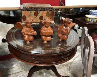 Angels- Wood - solid Jewelry box and Round table with leather top  - antique feet