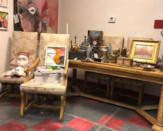 Large Baker Dining table and 6 chairs - painting by Reed Cardwell