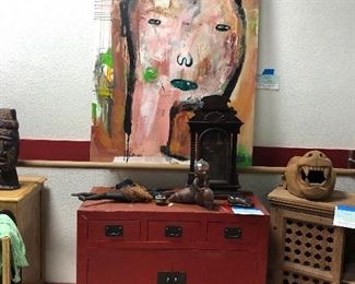 6' X 4' appx Large Angry Asian Basquiat by Tim Catenos - Entitled "Nemesis 27" , Red lacquer cabinet, African statuary - please note the items on the right - jaguar head and cabinet are sold