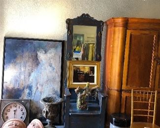 Great Blue Hall tree - Nautical Hooks - storage seat, pair of 2 Bamboo gold chairs 