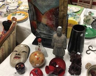 Japanese masks, Japanese lacquerware, West elm vase, art glass vase