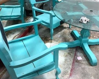 Painted wood patio chairs 3 and table - it is hard to see but there is a navy blue carved bunny - this was hand made in Petaluma CA 