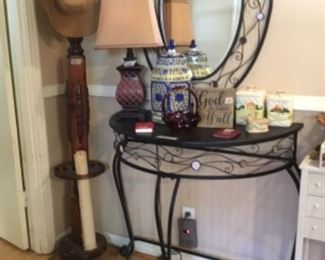 Wrought iron table and mirror; hat/coat stand