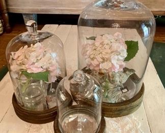 Set of 3 - Glass Dome with Base and Hydrangea 
