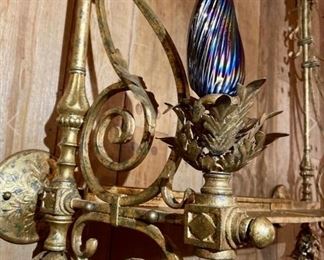 REMARKABLE! — Italian Gilded Iron Display Shelf with 5-Murano Glass Flames