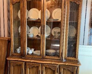 #2 Pecan lighted 2 piece china cabinet 56"x17"x80" made in North Carolina. As is-some chips on finish. SOLD