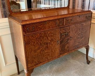 #3 Antique tiger oak beveled mirror buffet with keys on casters. 46"x20"x52" SOLD