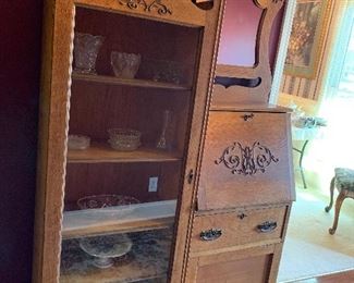 #7 Antique oak side by side wardrobe with drop down desk, keys and on casters. 40"x12"x68" SOLD
