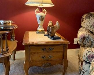 #11 Pecan side table with marble top and 1 drawer. 26"x21"x21" 2 @ $40 each