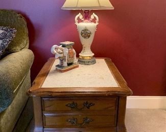#11 Pecan side table with marble top and 1 drawer. 26"x21"x21" 2 @ $40 each