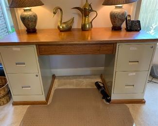 #21 Oak desk top with 2 side filing cabinets and oak bases. 60"x22"x30" SOLD