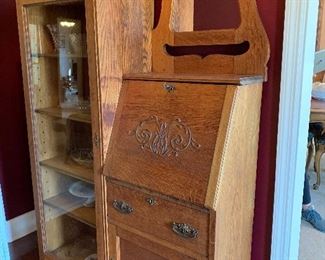 #7 Antique oak side by side wardrobe with drop down desk, keys and on casters. 40"x12"x68" SOLD