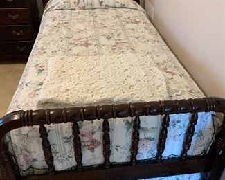 #31 Vintage Jenny Lind twin headboard, footboard, mattress, box spring and bedding. SOLD