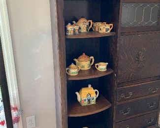 #35 Antique Tiger oak side by side wardrobe with beveled mirror, key and drop down desk. 39"x14"x68" SOLD