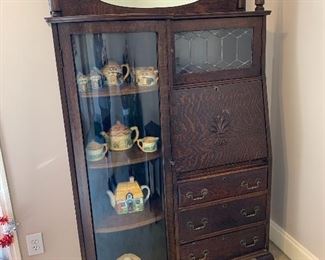 #35 Antique Tiger oak side by side wardrobe with beveled mirror, key and drop down desk. 39"x14"x68" SOLD