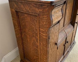 #45 Antique tiger oak sewing machine cabinet with side drawers. 33"x18"x30" SOLD