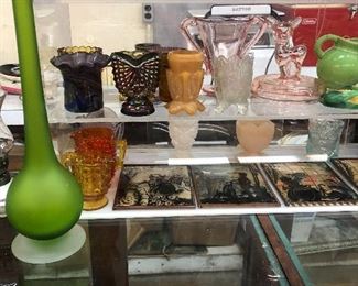 Satin glass green vase 
Carnival Glass , Fenton toothpick holders 