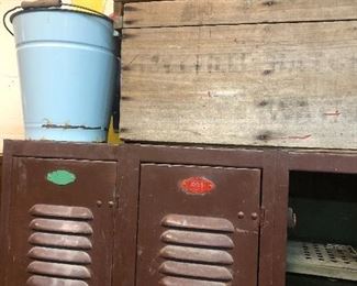 Wood boxes , blue enamel Bucket 