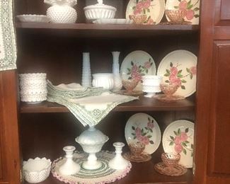 Blue ridge pottery plates 
White milk glass 