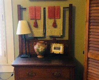Oak wash stand with a card on the back from L McManus and Co. Furntiure, carpets, shades & ??   Macon , Ga