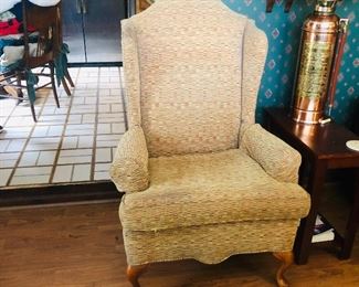 Wing back chair and one of 2 vintage fire extinguisher lamps
