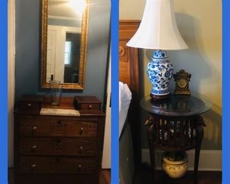 Antique chest with glove boxes/ mirror
Side table snd lamp