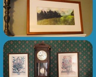 Original painting framed
Birthday prints and large oak key wind wall clock with beveled glass 